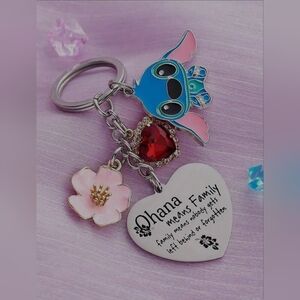 Lilo And Stitch Keychain with Heart and Flower Charms Ohana Means Family